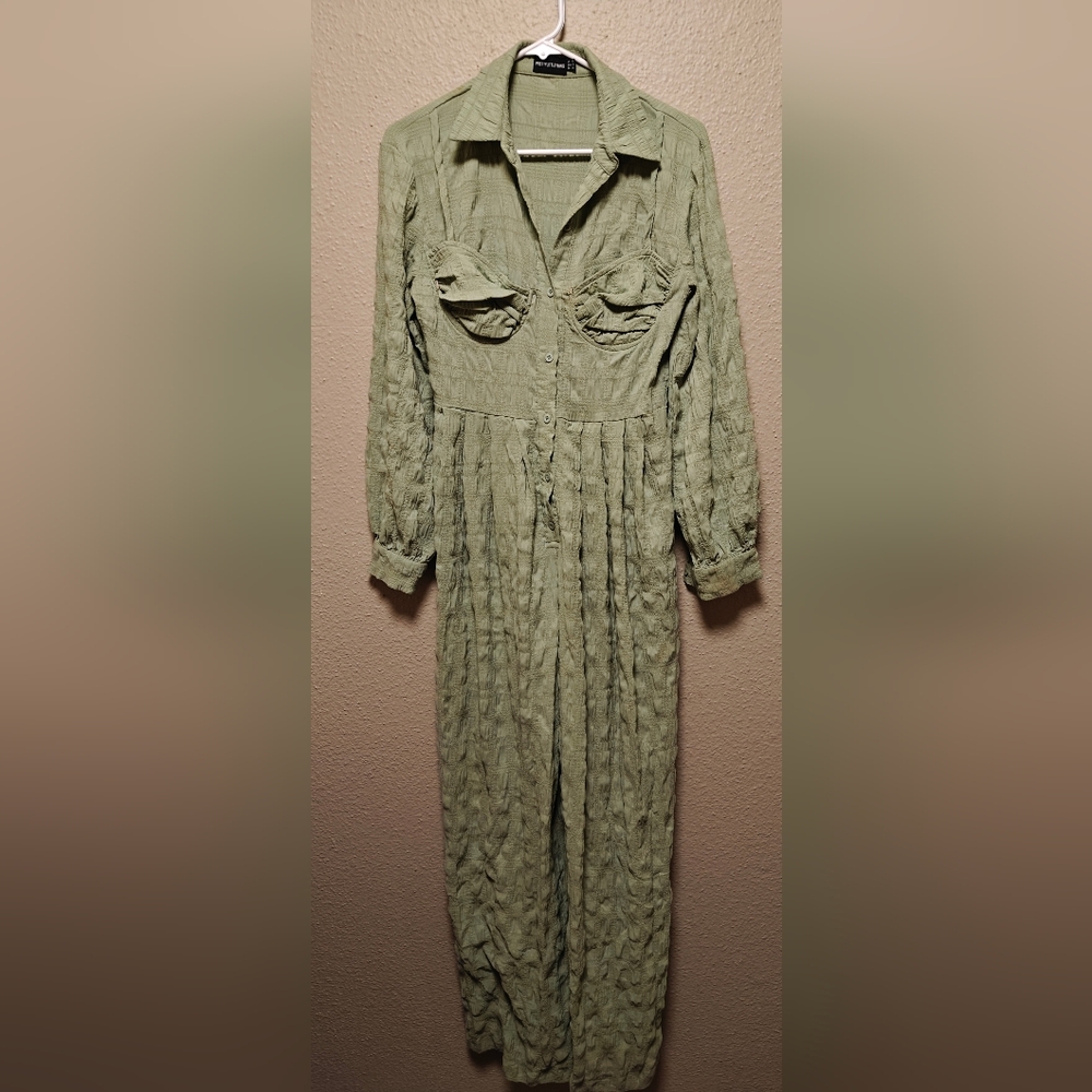 Women's Sage Green Textured Button-Front Jumpsuit